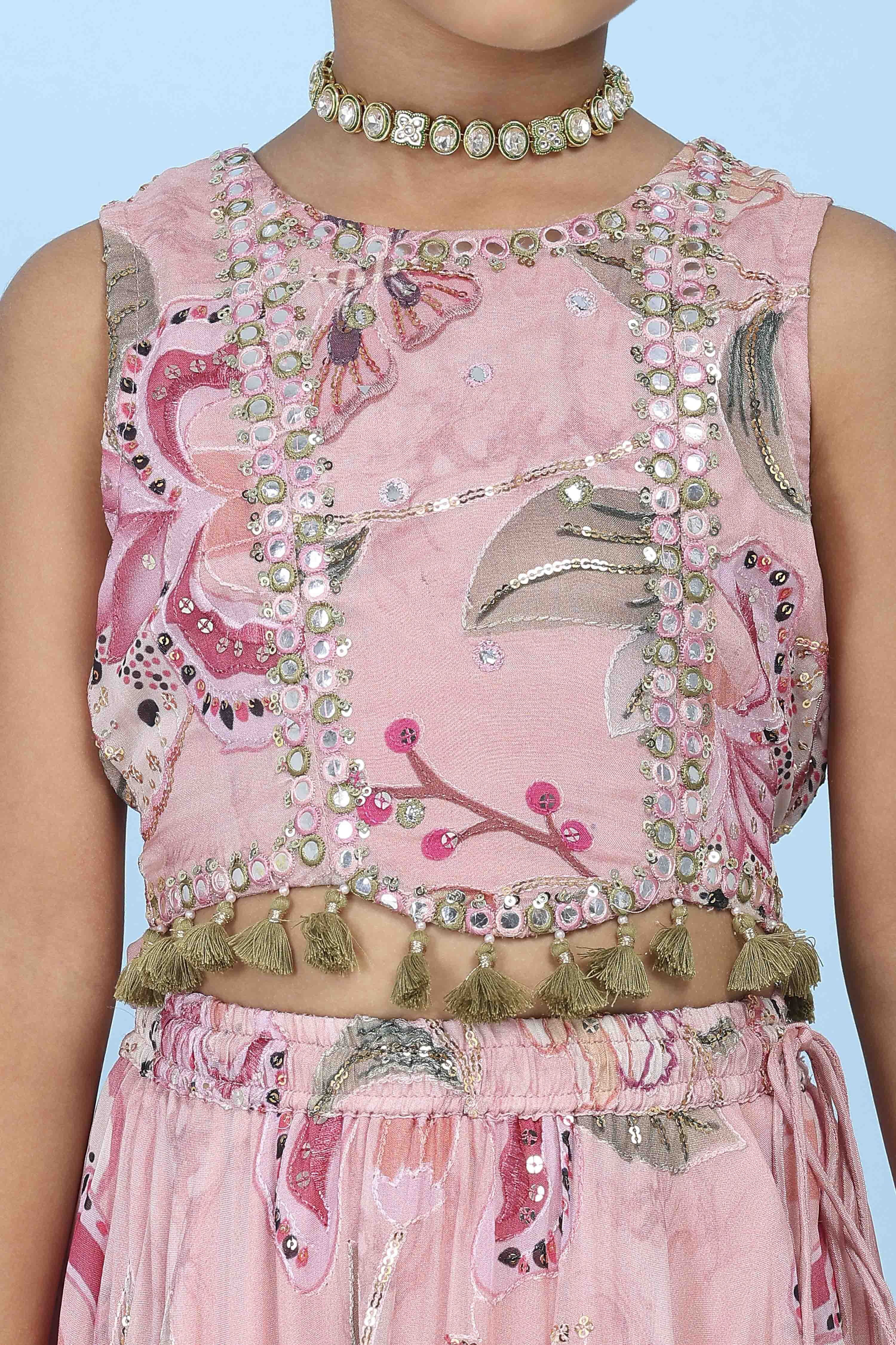 Pink Viscose Organza Floral Mirror Work Lehenga Set image number 1