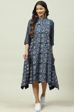 Indigo Poly Cotton Asymmetric Printed Kurta Dress image number 0