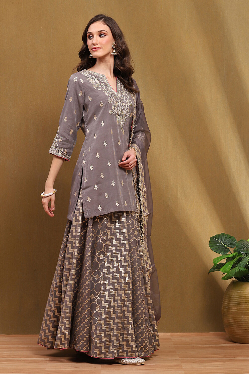 Grey Brocade Embroidered Festive Skirt Set image number 5