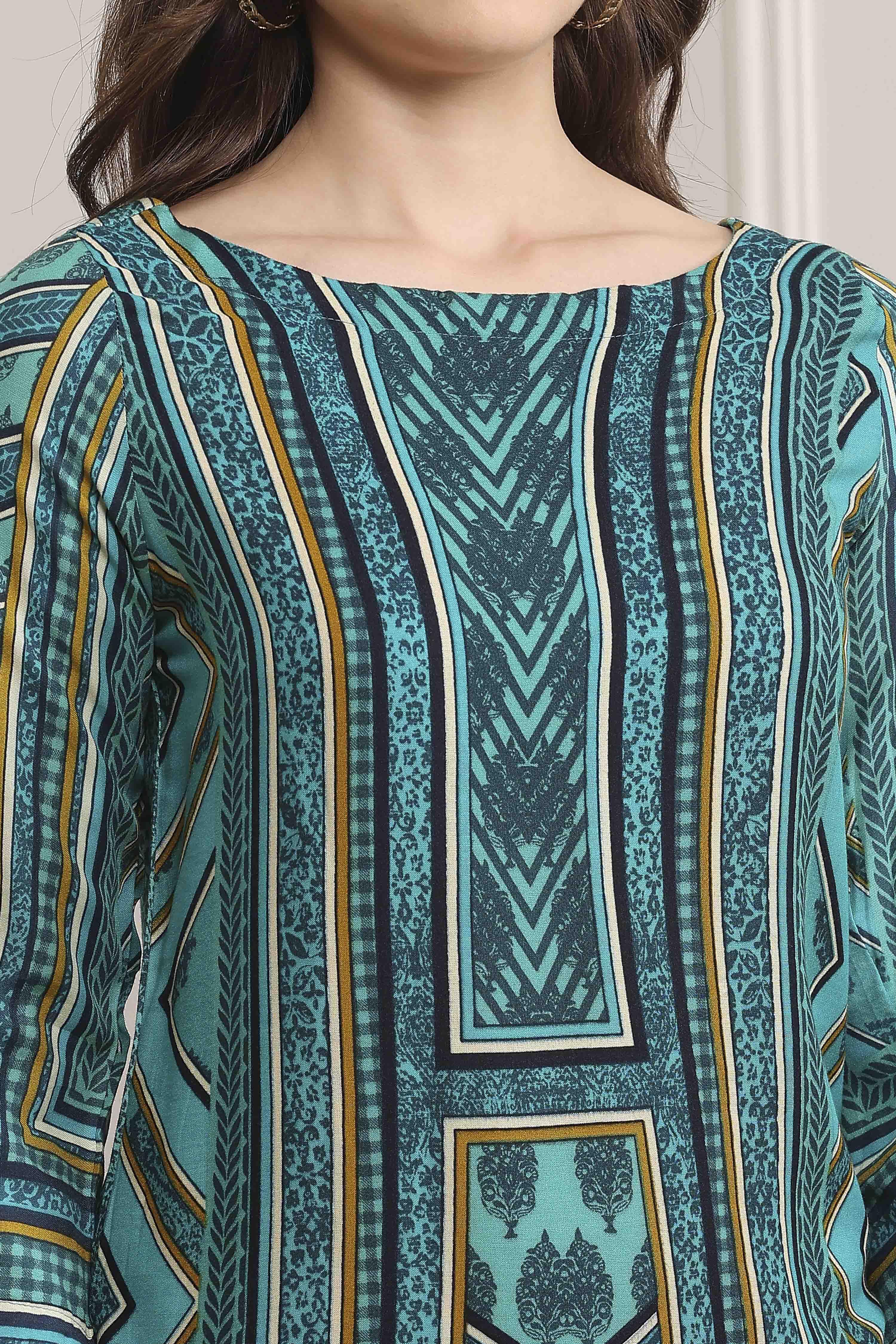 Turquoise LIVA Straight Printed Kurta image number 1