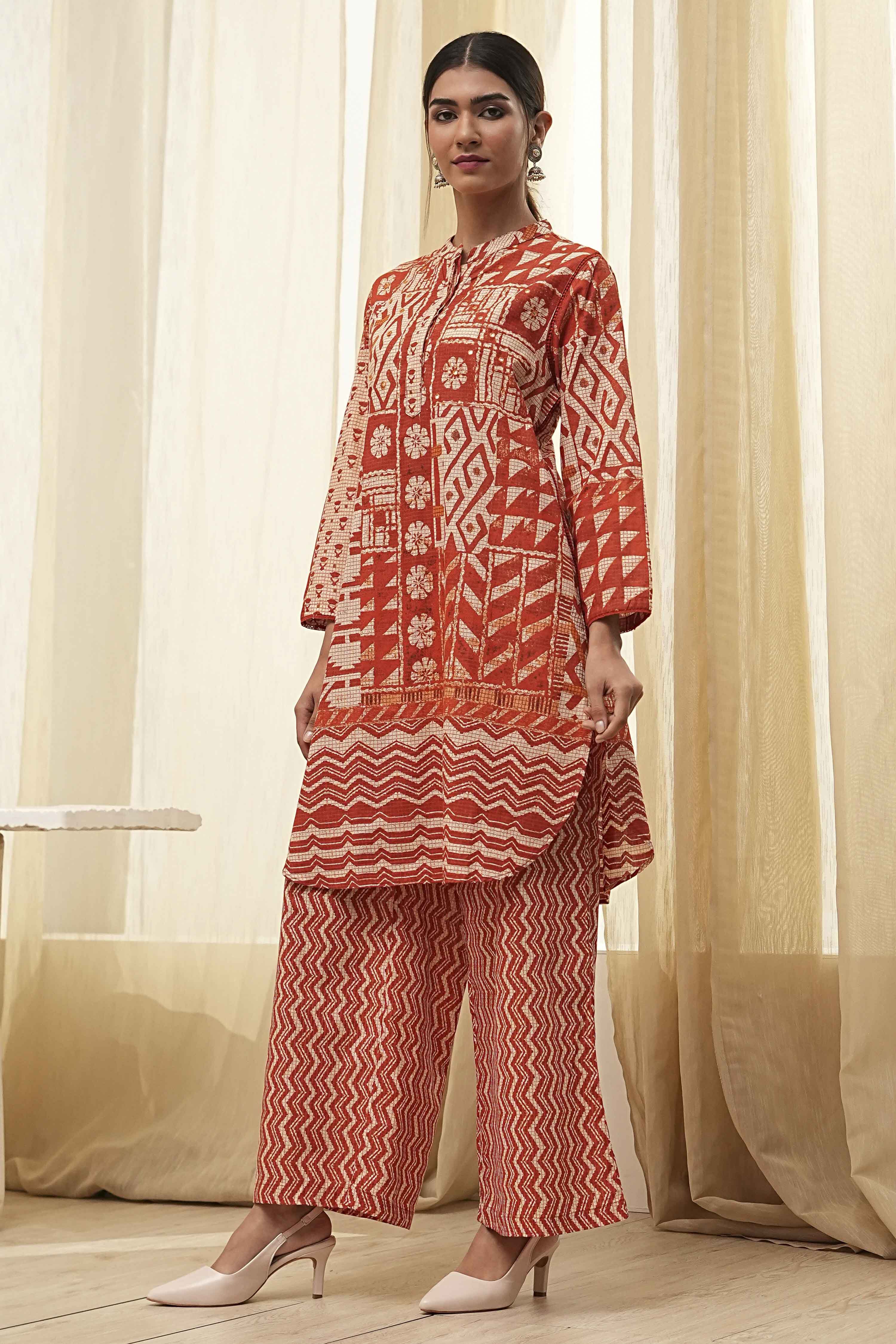 Rust Pure Cotton Printed Kurta Set image number 3