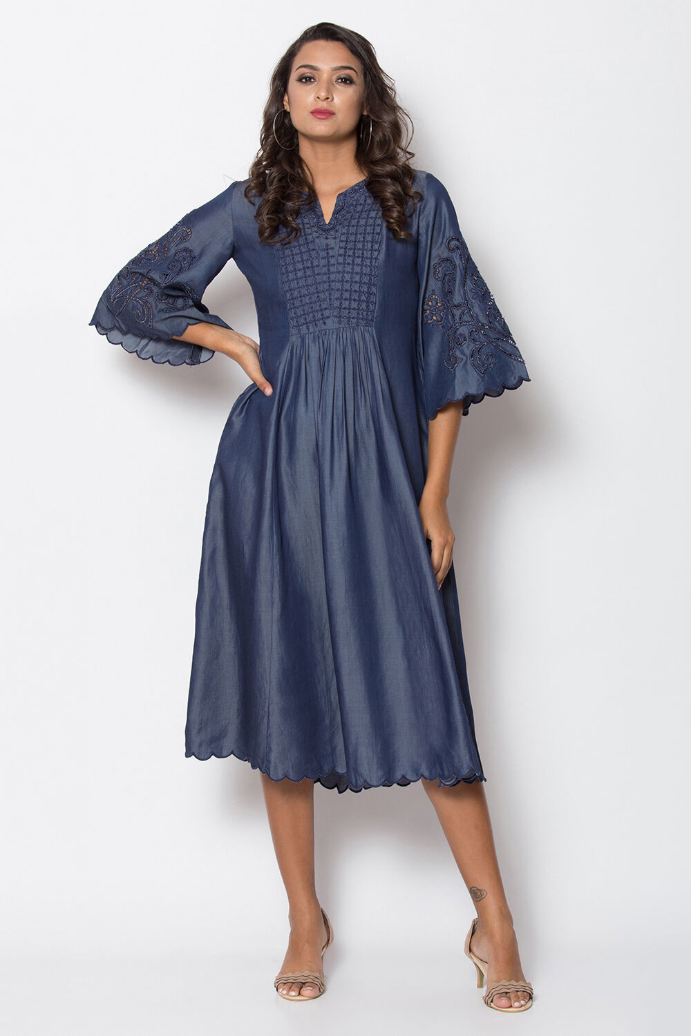 Biba navy blue flared shop cotton dress