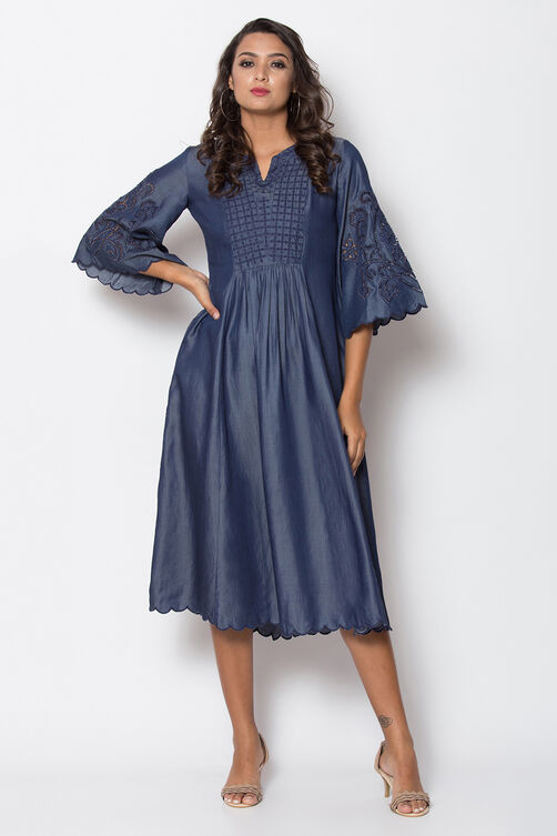 Denim Blue A-Line Cotton Yarndyed Dress image number 0