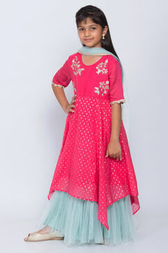 Pink Art Silk Asymmetric Kurta Churidar Suit Set image number 3