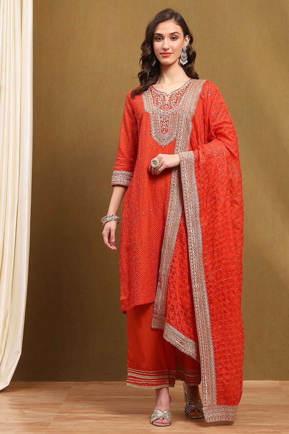 Orange Silk Embroidered Festive Straight Suit Set image number 6