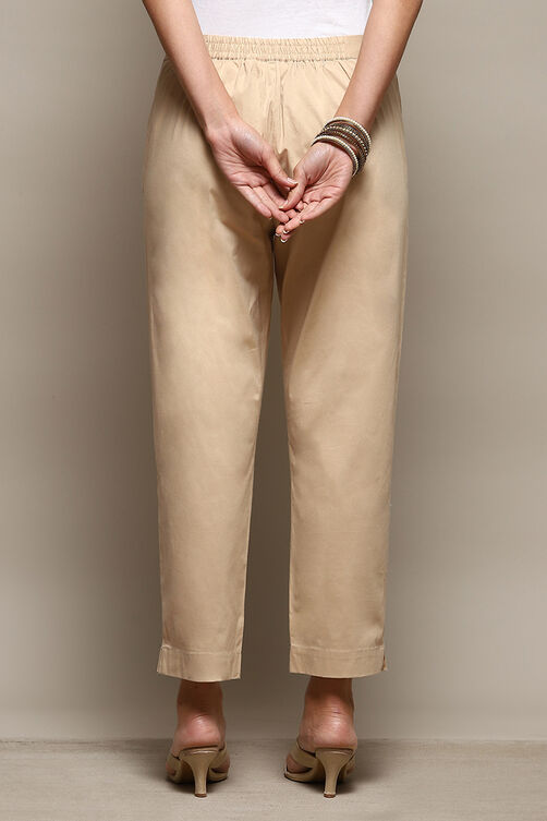 Beige Cotton Slim Solid Pants image number 4