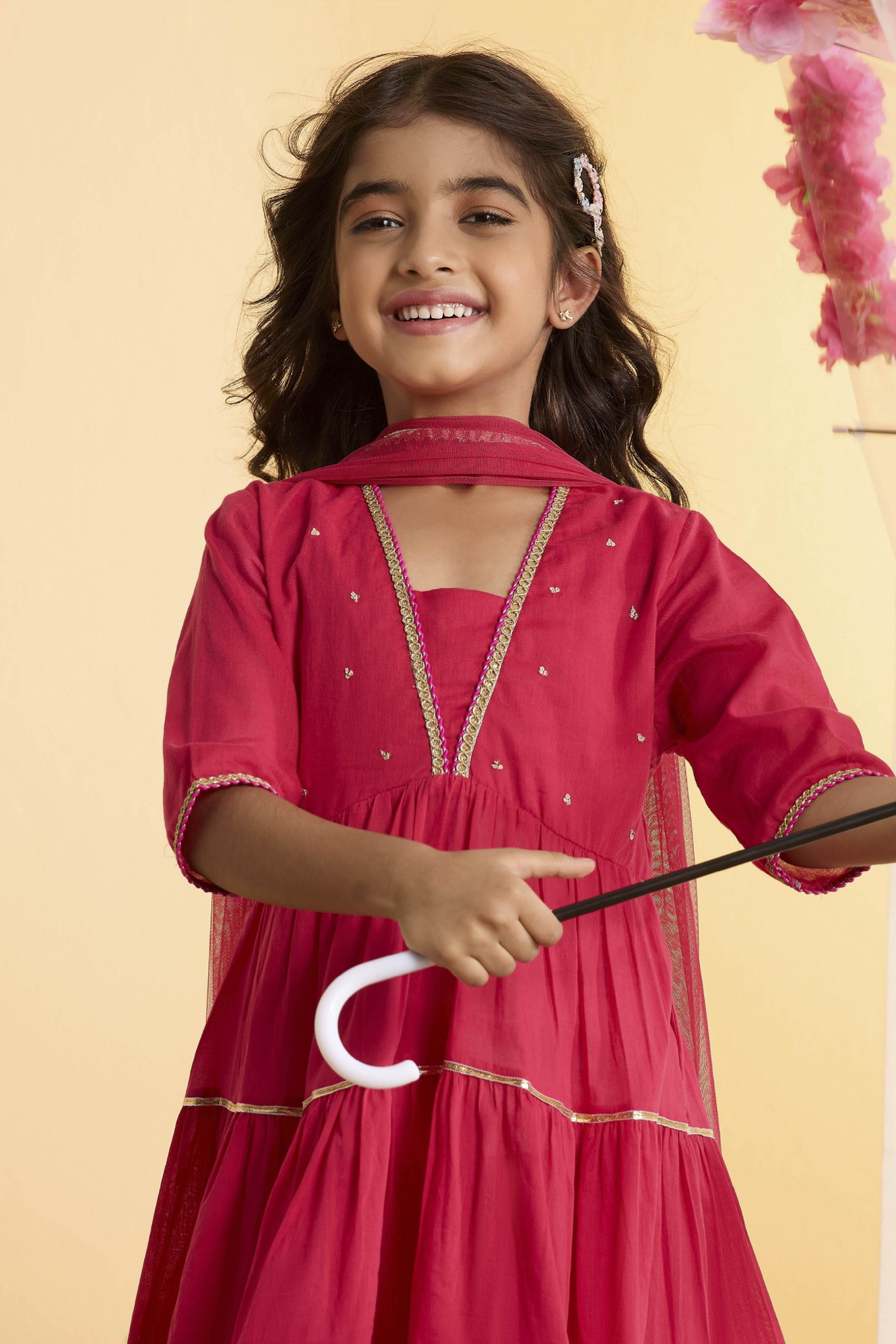 Red Cotton Floral Tiered Kurta Set image number 1