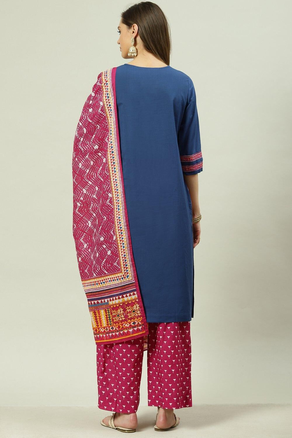 Blue Solid Cotton Straight Kurta Palazzo Suit Set image number 4