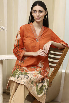 Orange Cotton Blend Straight Kurta image number 8