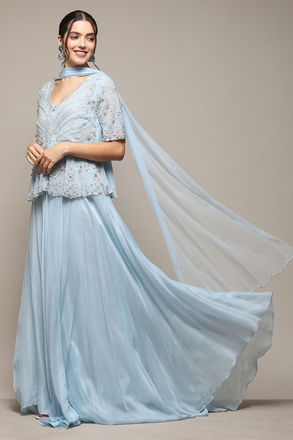 Powder Blue Viscose Short Kurta Skirt Suit Set image number 4