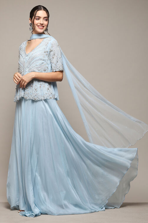 Powder Blue Viscose Short Kurta Skirt Suit Set image number 4