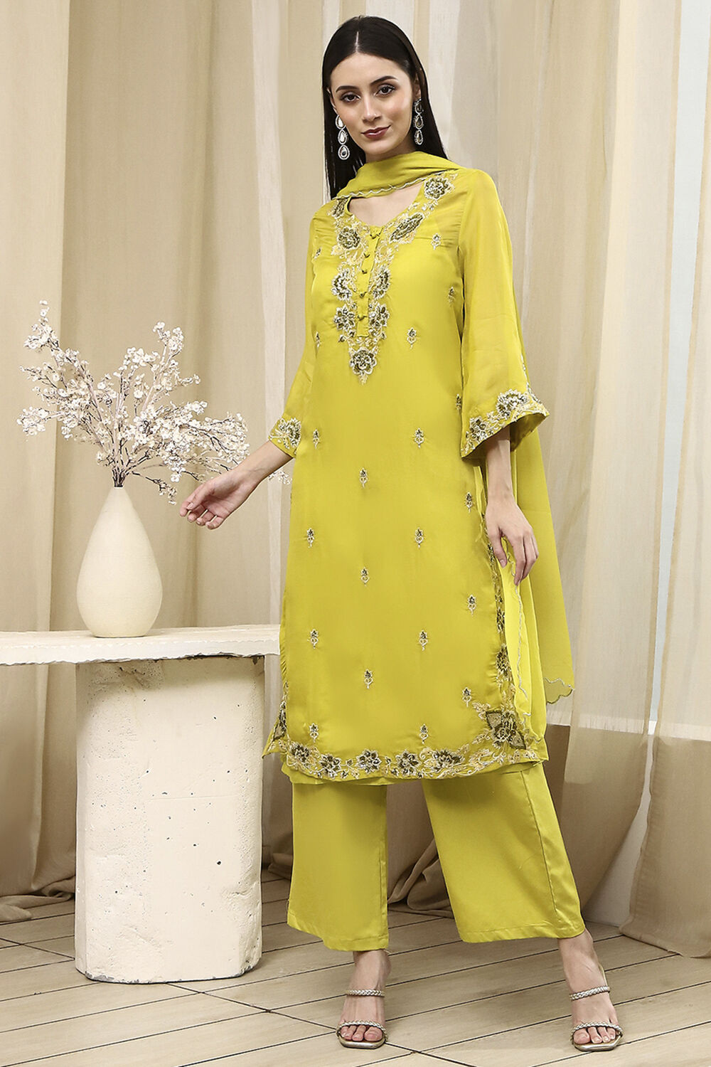 Lime Green Embroidered Straight Suit Set image number 3