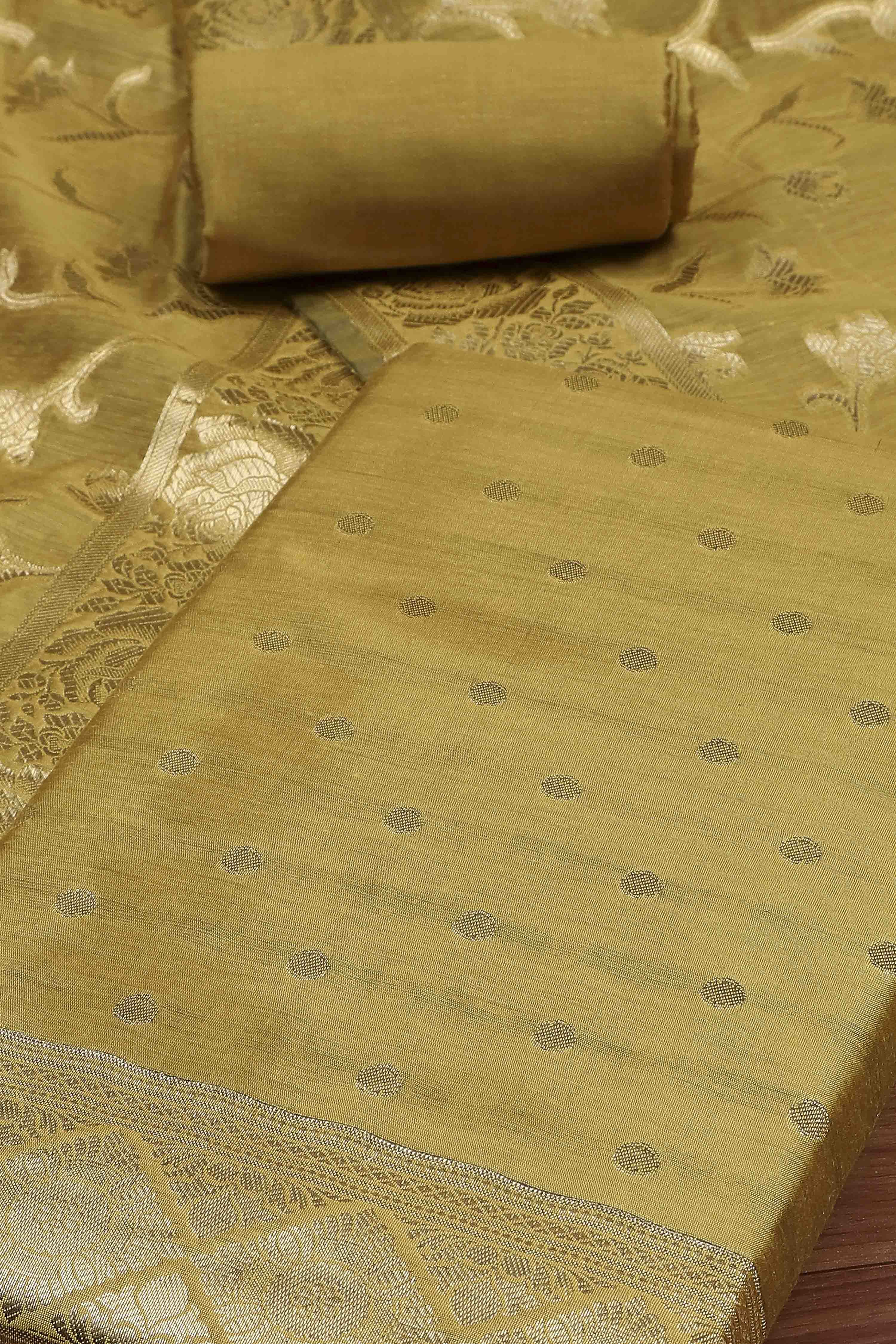 Yellow Banarasi Chanderi Banarasi Print Unstitched Suit Set image number 1