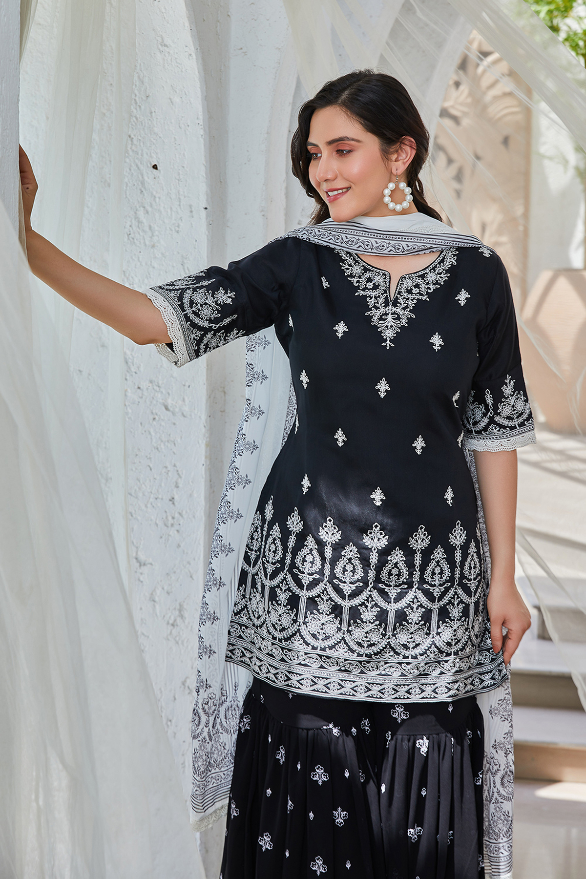 Black Embroidered Straight Kurti & Garara Suit Set