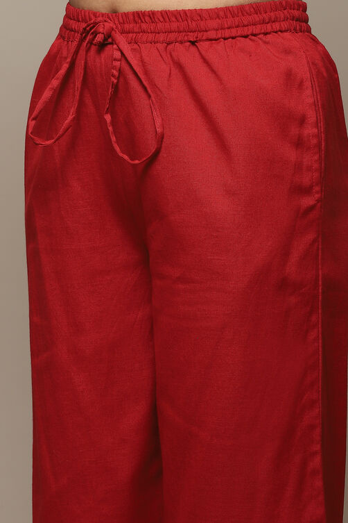 Red Cotton Blend Straight Kurta Palazzo Suit Set