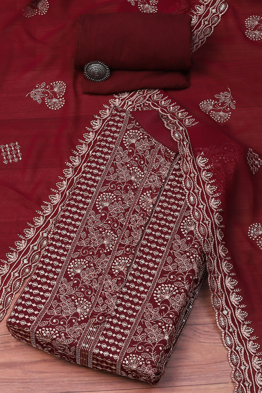 Wine Georgette Hand Embroidered Unstitched Suit Set image number 0