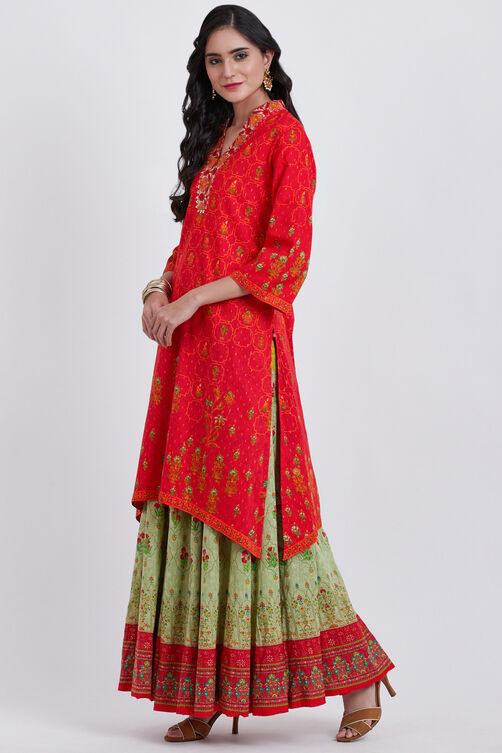 Red Metallic Cotton A-Line Printed Kurta image number 3