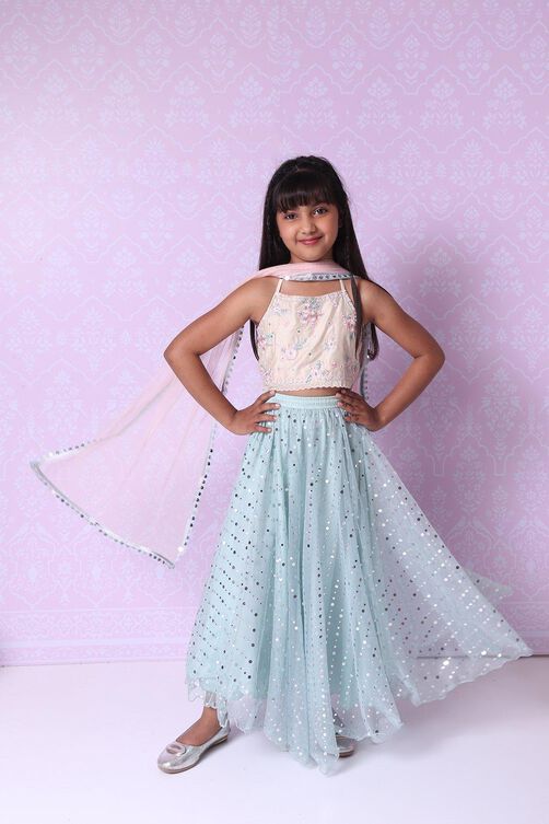 Cream And Turquoise Straight Poly Cotton Girls Lehenga Set image number 0