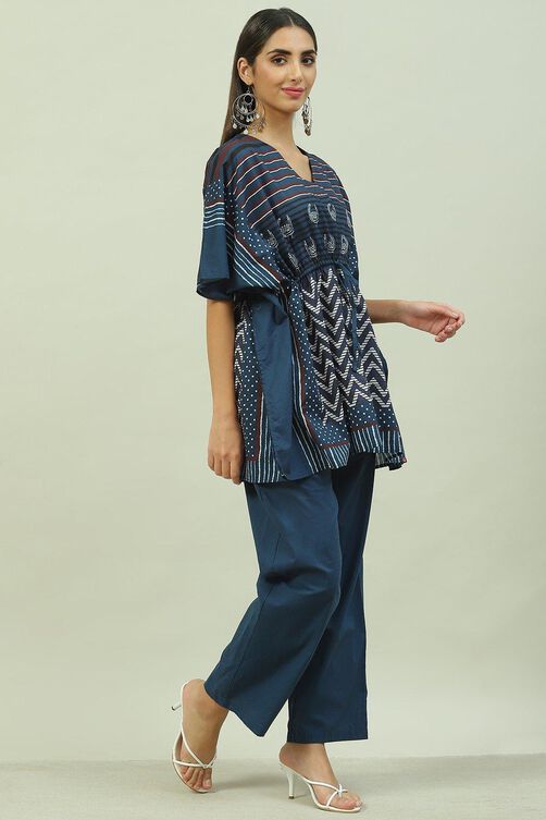 Navy Cotton Printed Kaftan Nightwear image number 5