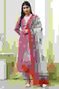 Pink Cotton Screen Print Unstitched Suit Set image number 1