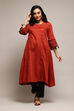 Burnt Orange Poly Cotton Flared Yarndyed Kurta image number 0