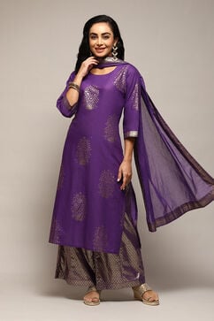 Purple Cotton Straight Printed Kurta Capri Suit Set image number 0