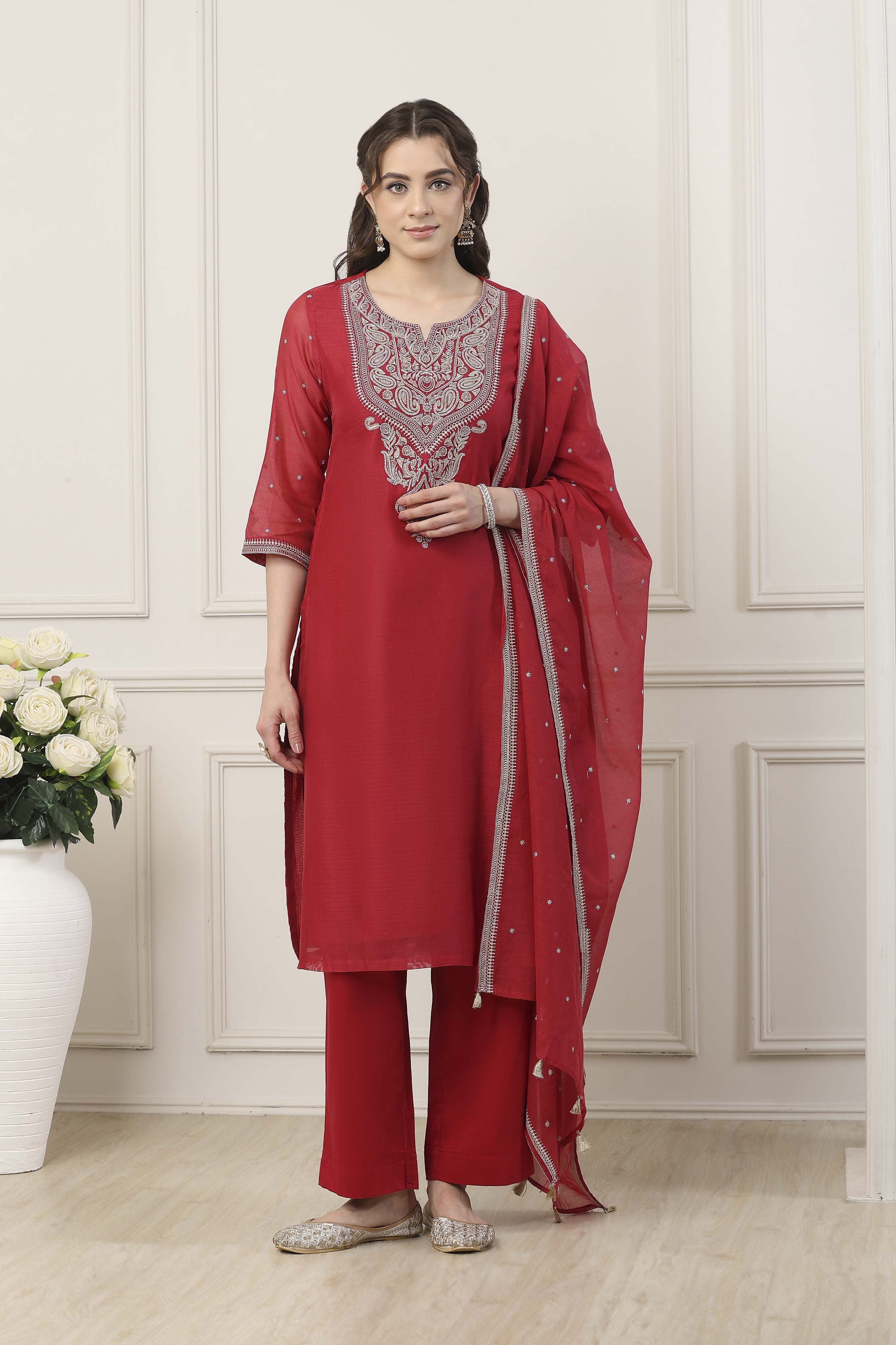 Red Poly Chanderi Yoke Embroidered Straight Suit Set image number 6