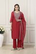 Red Poly Chanderi Yoke Embroidered Straight Suit Set image number 6