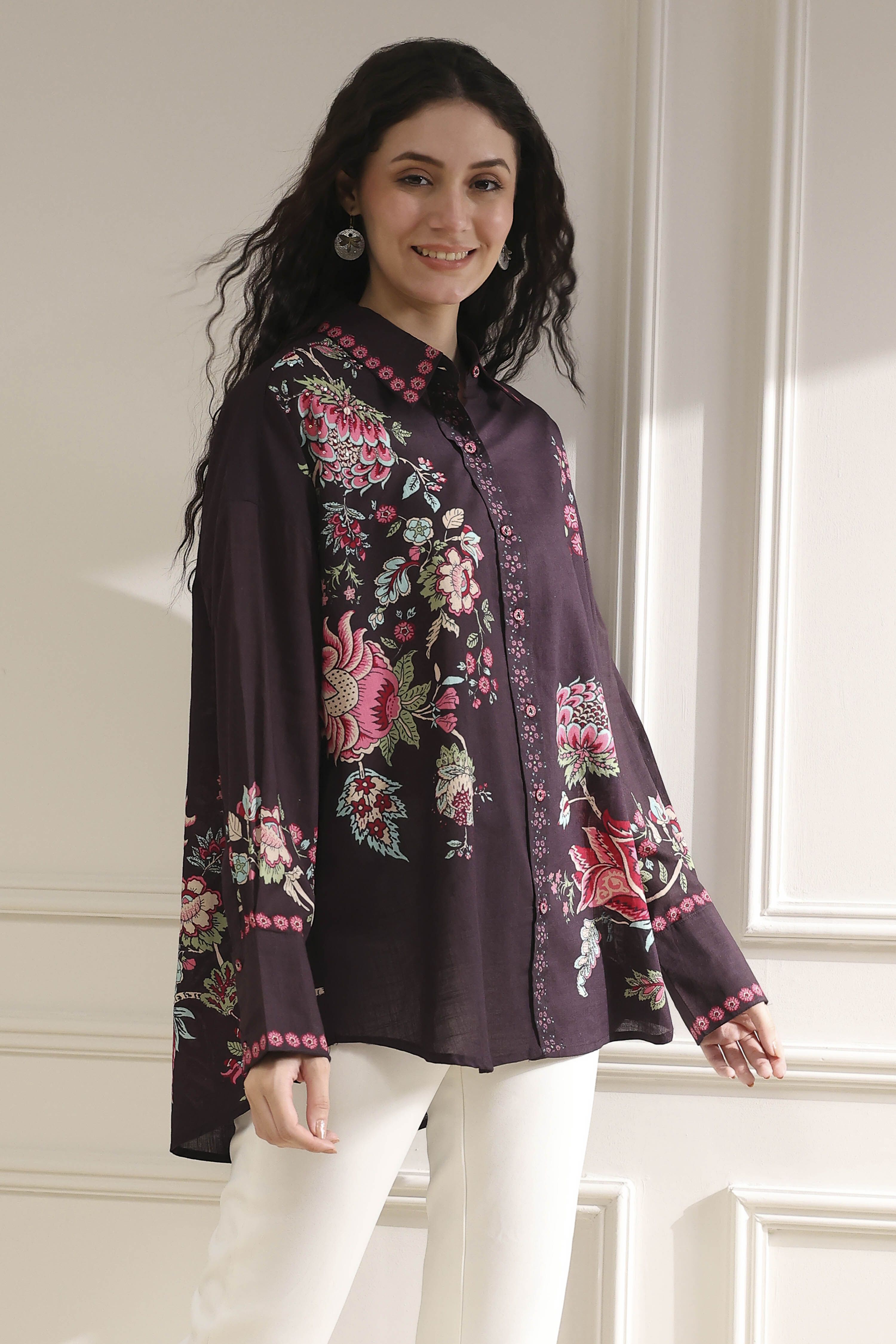 Brown Cotton Floral Printed Shirt image number 4