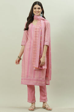 Pink Cotton Blend Digital Print Unstitched Suit Set image number 0