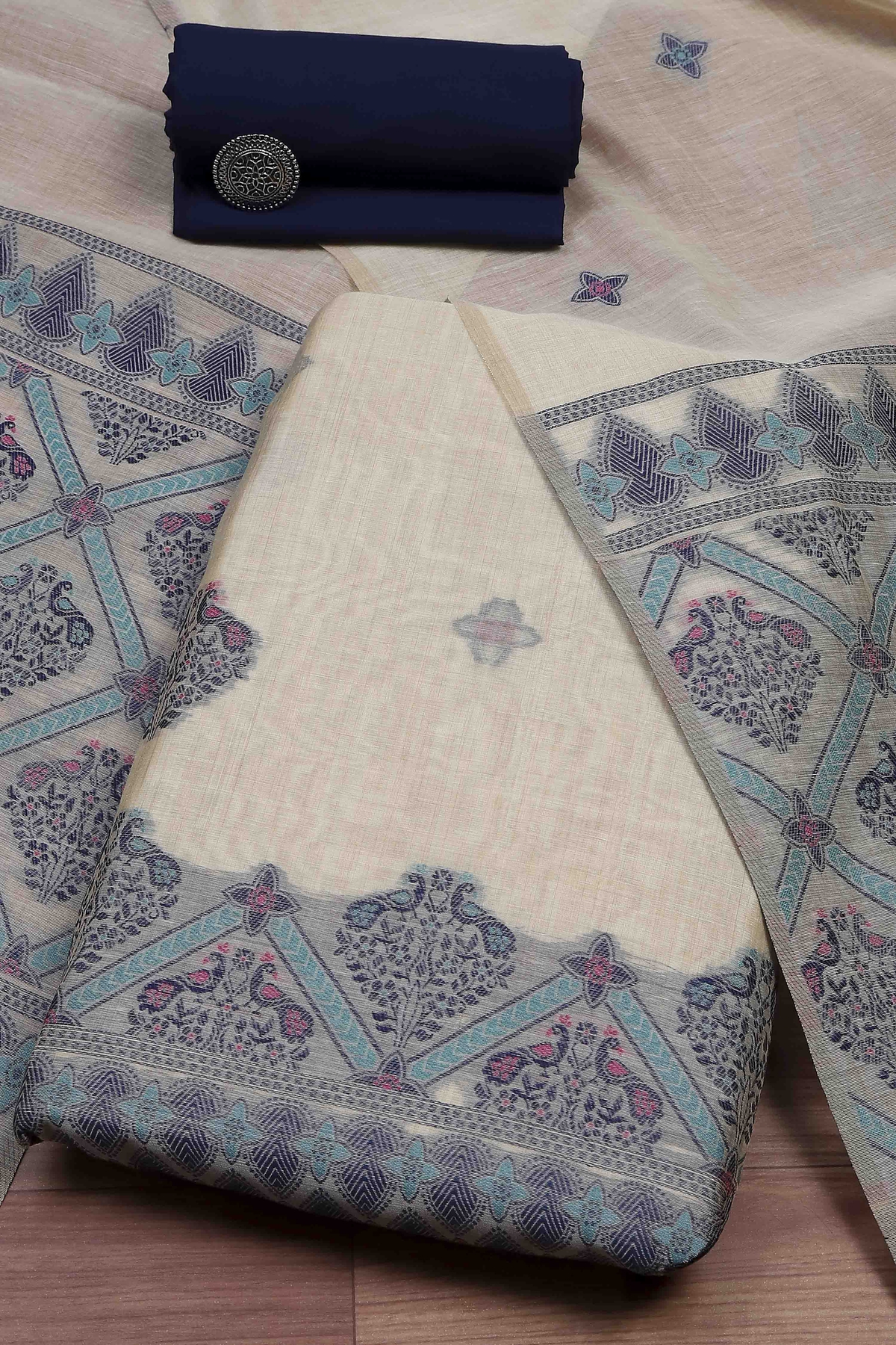 Blue Cotton Printed Embroidered Unstitched Suit Set