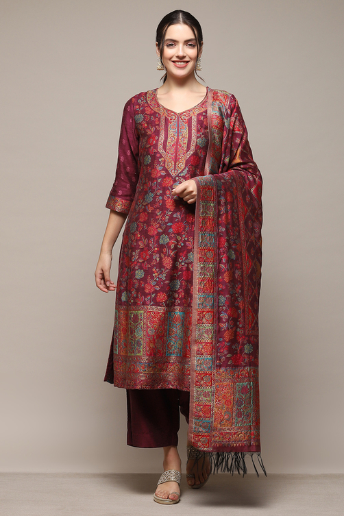 Wine Cotton Straight Yarndyed Kurta Palazzo Suit Set image number 7