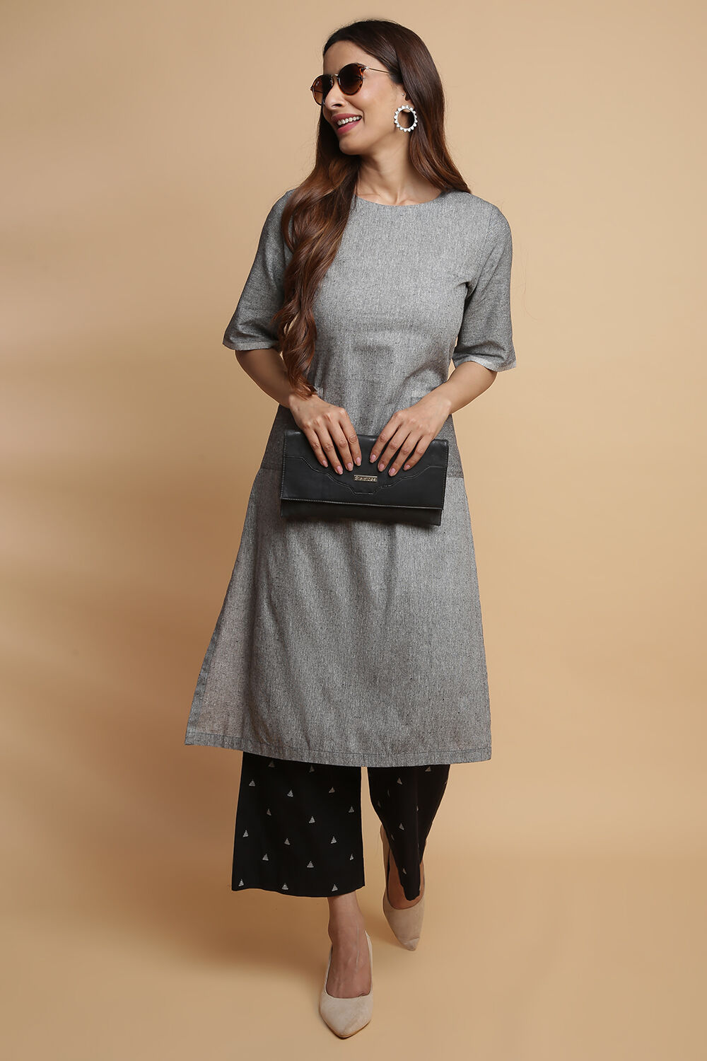 Navy Cotton Straight Kurta Palazzo Suit Set image number 3