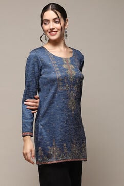Teal Poly Cotton Straight Printed Kurti image number 4