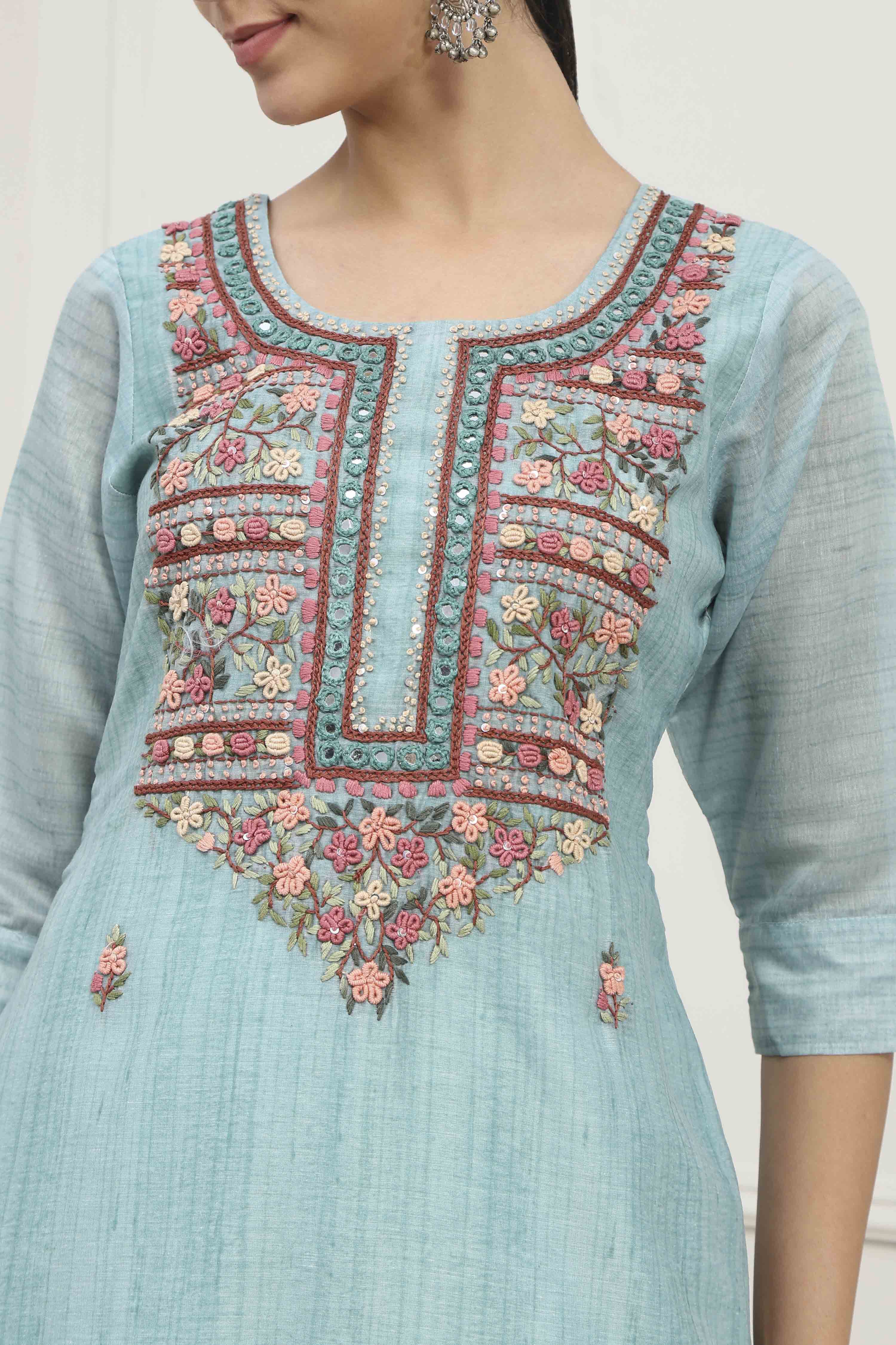 Blue Chanderi Hand Embroidered Unstitched Suit Set image number 2