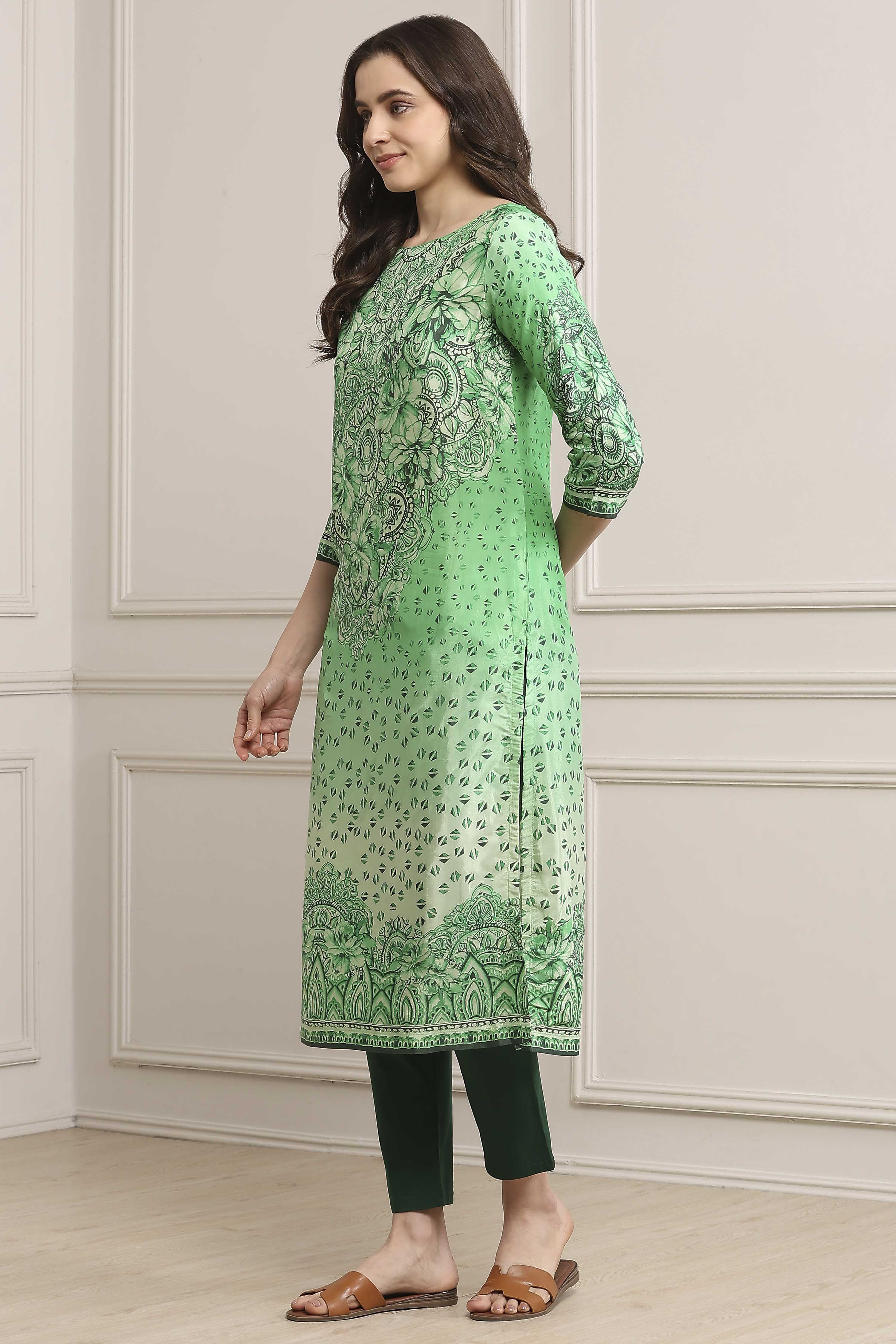Green LIVA Straight Printed Kurta image number 2
