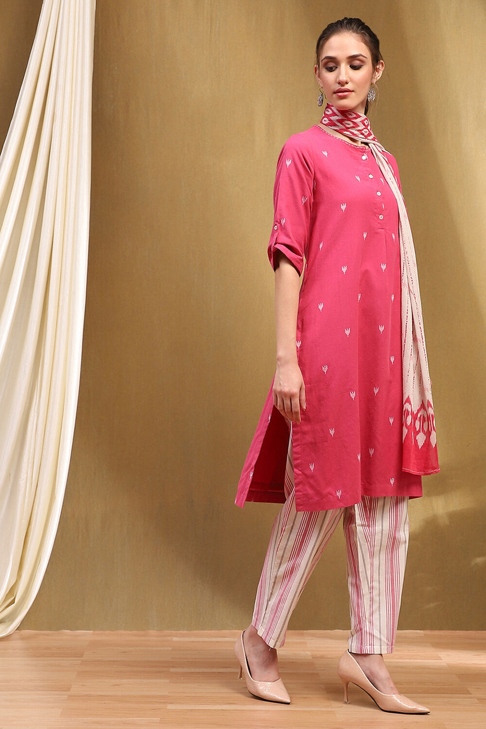 Orange Cotton Printed Straight Suit Set image number 7