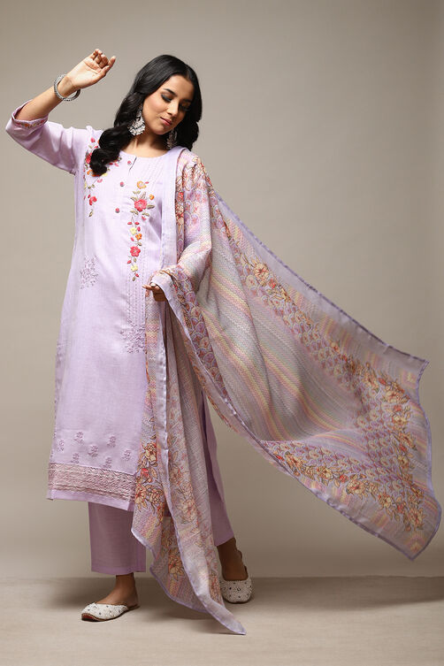 Lavender Linen Machine Embroidered Unstitched Suit Set image number 1