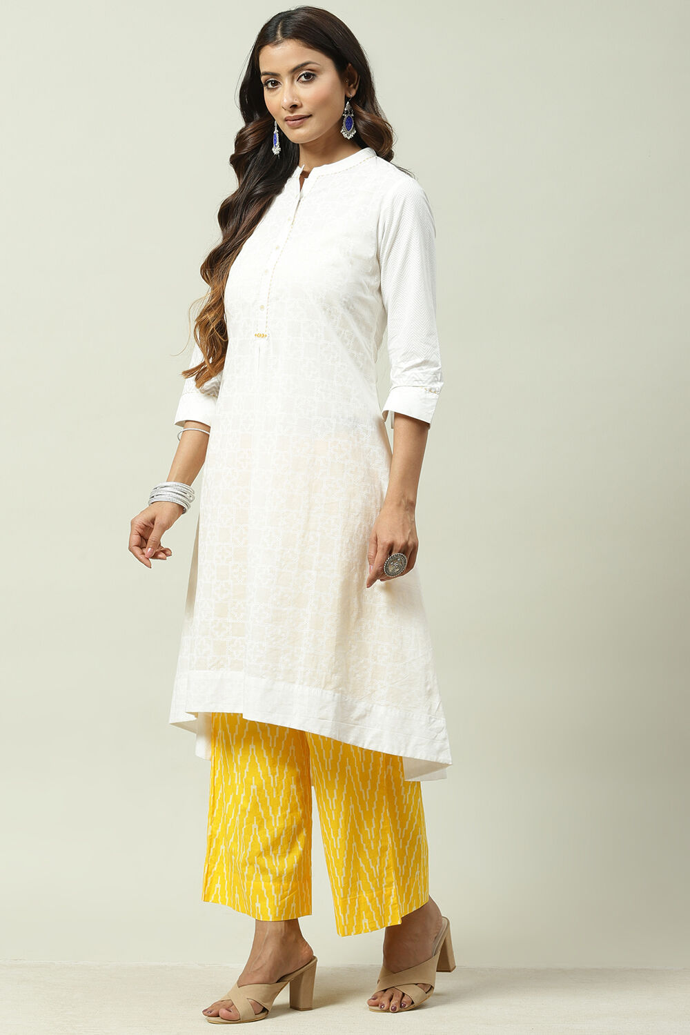 Buy White and Yellow Cotton A Line Kurta Cropped Palazzo Suit