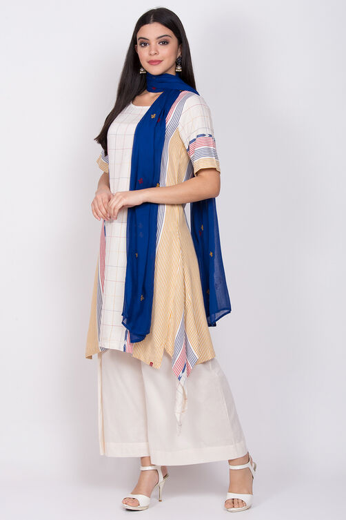 Off White Cotton A-Line Kurta Flared Palazzo Suit Set image number 2