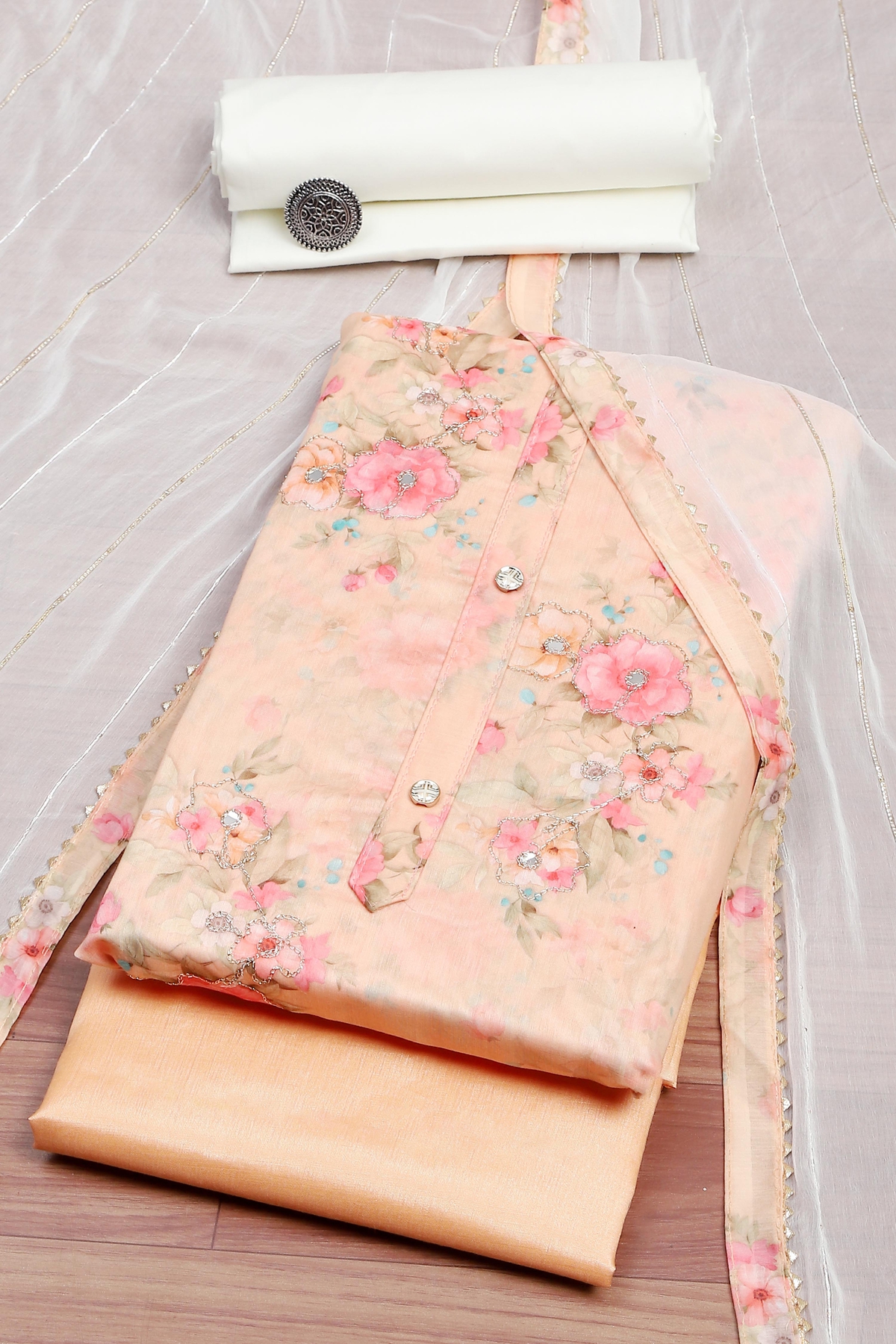 Peach Chanderi  Printed Unstitched Suit Set
