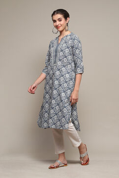 Blue Cotton Straight Printed Kurta image number 2