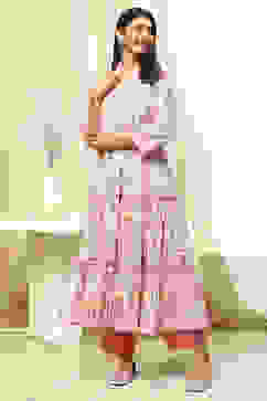 Pink and Off-White Cotton Printed Gathered Kurta Set image number 3