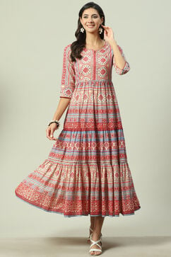 Cream Cotton Tiered Printed Dress image number 0