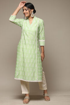 Green Cotton Straight Embroidered Kurta image number 0