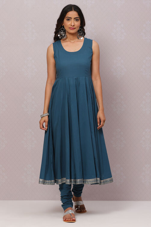 Wine Cotton Silk Flared Kurta Churidar Suit Set image number 5
