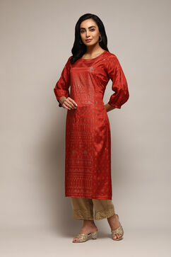 Rust Orange Viscose Straight Printed Kurta image number 2