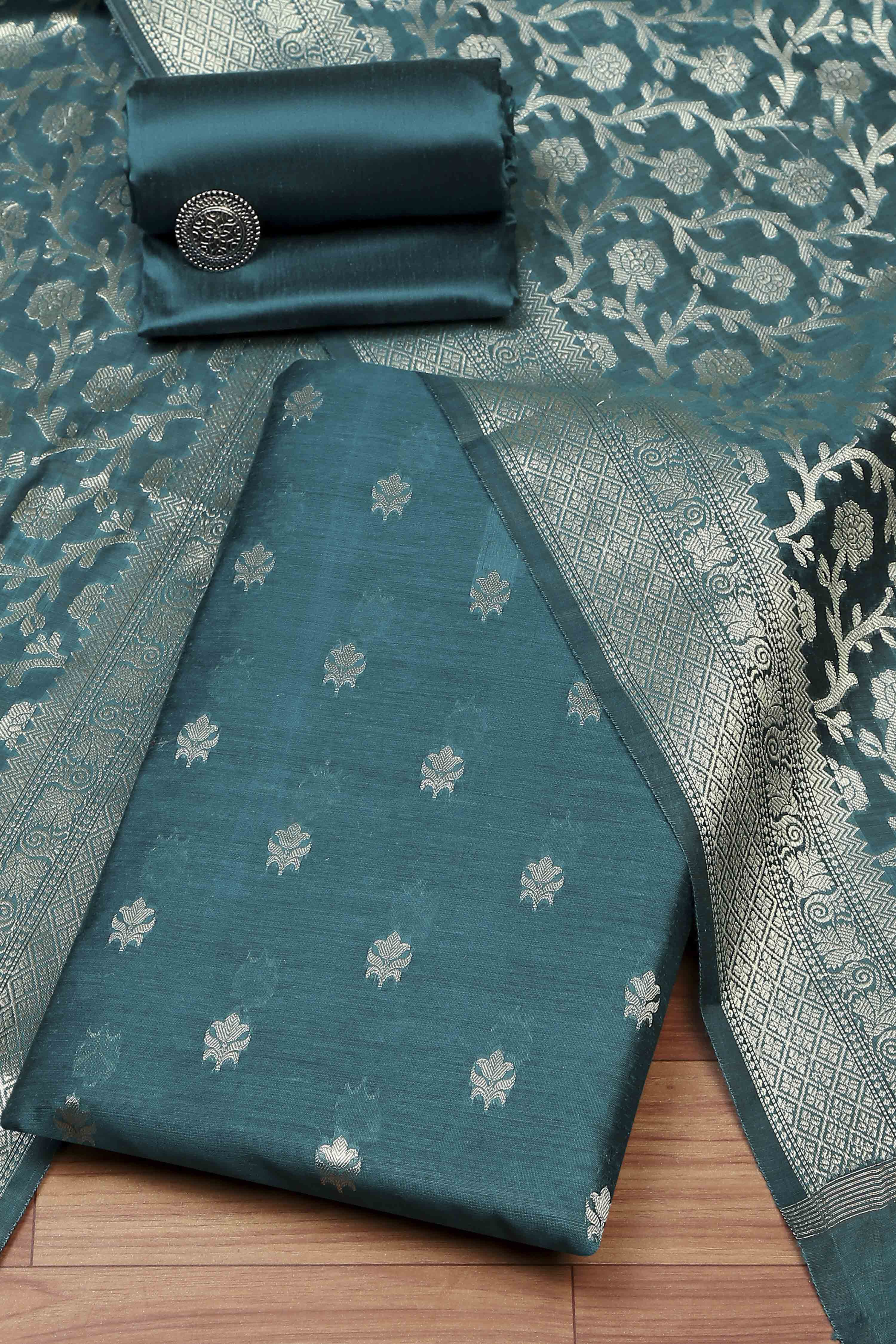 Teal Cotton Printed Embroidered Unstitched Suit Set image number 0