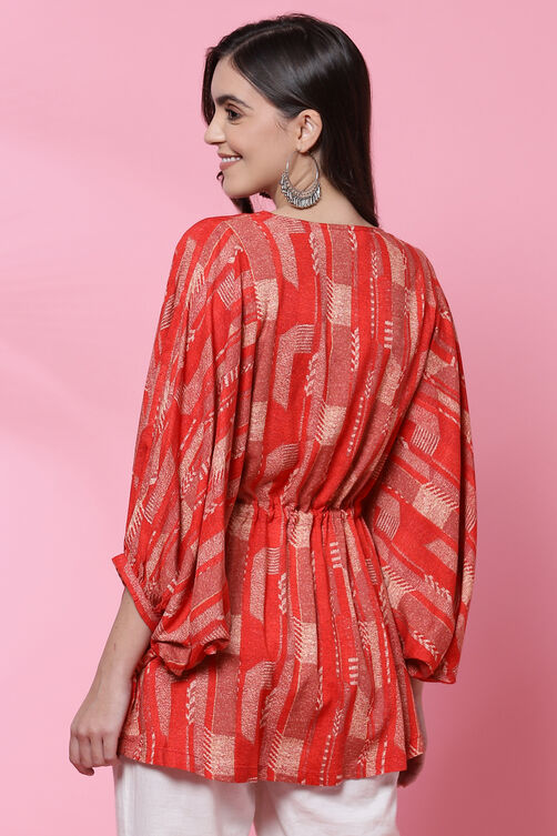 Red LIVA Flared Printed Short Kurti image number 4