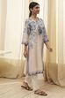 Beige and Blue Cotton Floral Straight Kurta image number 4